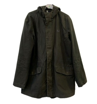 Fred Perry Men s Hooded Parka Jacket Olive Green Cotton Lined Size XL Vtg #167