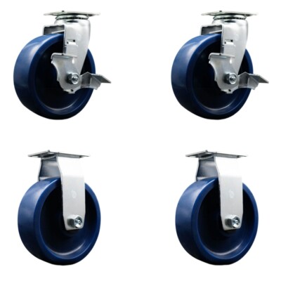 6 Inch Solid Polyurethane Caster Set with Roller Bearings 2 Brakes 2 Rigid