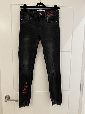 Zara Basic Denim Fitted Skinny Stretch Jeans EUR 36 Black Grey Ripped Red Letter