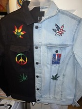 Custom 420 Rasta Marijuana 2 Tone Weed Leaf Patch Denim Jean Jacket Size Medium