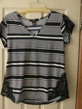 Blue White Striped  V Neck   Tee Lace Inserts,  Size XL 
