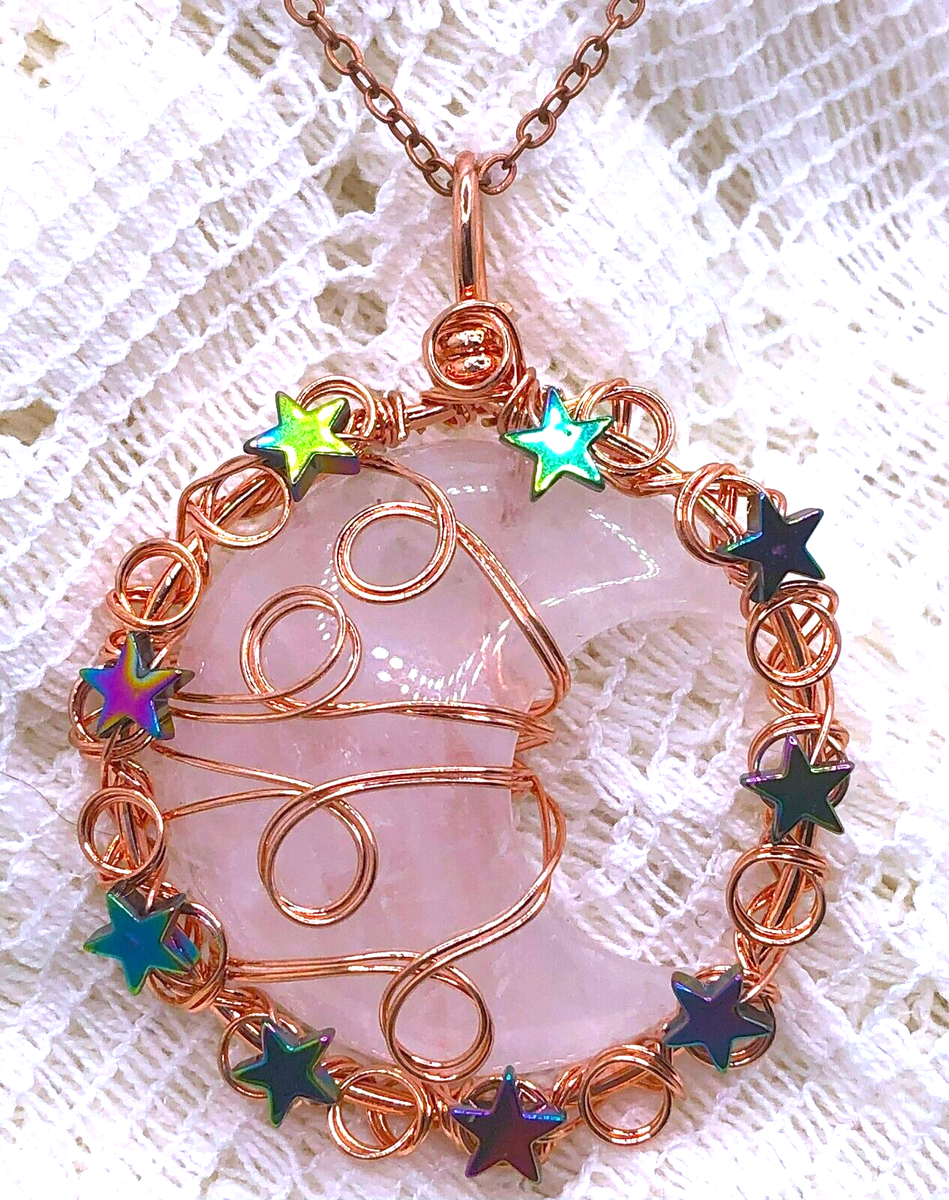 Beautiful Copper Wire Wrapped ROCK CRYSTAL HALF MOON Pendant w Stars (#21)