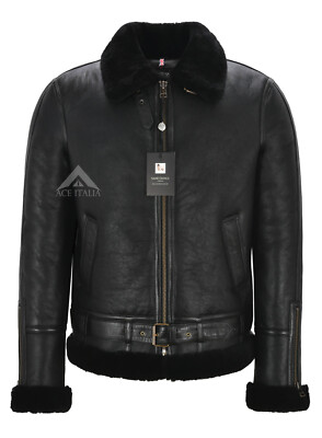 Herren B3 klassische echte Shearling Lammfell Jacke mit Gürtel schwarzem Fell Bomber RAF NV47