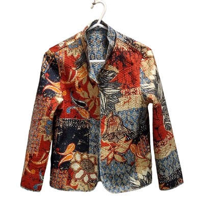 Reversible  Dress Jacket Long Sleeve Quilted Flowers Geometric Designs 