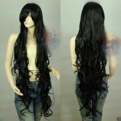 100cm Neu Schwarz Sexy Extra Lang Gewellt Cosplay Perücke + Perücke Kappe