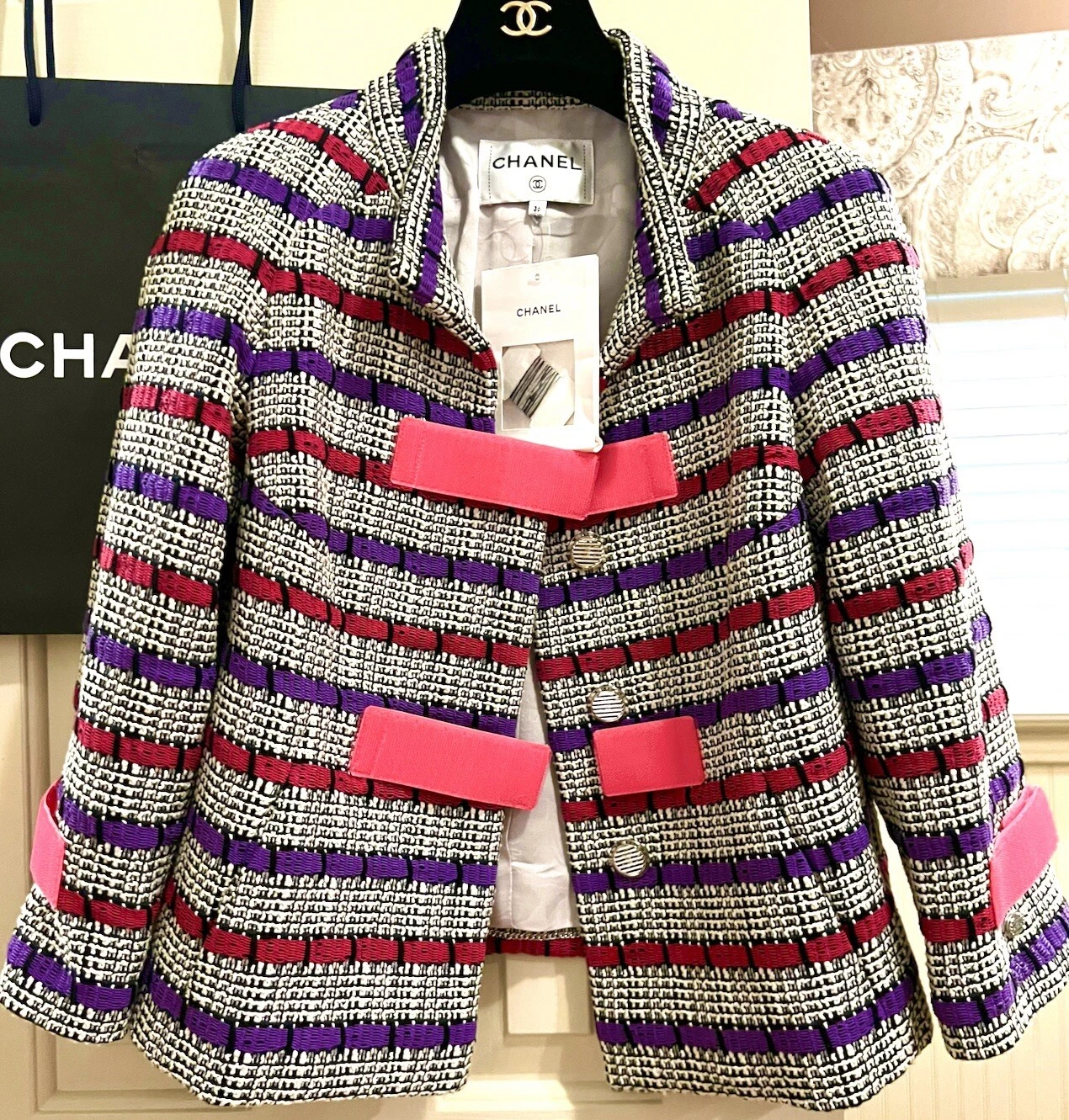 Giacca blazer cappotto 6 7K nuovo Chanel 2017 rosa tweed 17 bianco 34 36 2 4 6 top S M