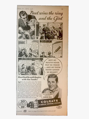 1936 Vintage Colgate Ribbon Dental Cream Print Ad Paul Wins the Girl Comic