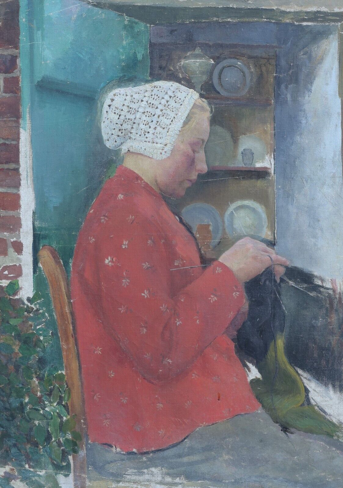 Woman in knitting, early twentieth century school, impressionism, headdress, cap, lace, garden