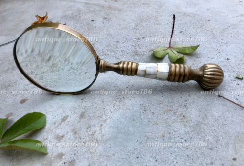 Antique brass hand magnifier nautical handheld magnifying glass collectible read - Afbeelding 1 van 6