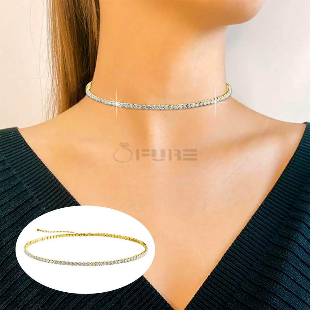 925 Sterling Silver Women Diamond Tennis Chain Iced Out Gold Choker  Necklace 1Pc