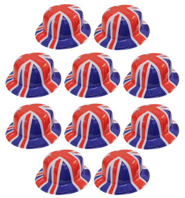 10 X UNION JACK KUNSTSTOFF BOWLER HUT BRITISH VE DAY PARTY BRITAIN KOSTÜM PAKET