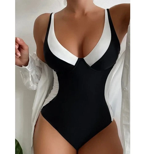 Damen Gepolstert Farbblock Einteiliger Bademode Badeanzug Swimsuit - Bild 4 von 13