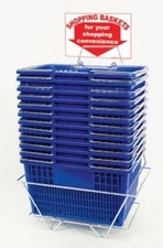 NEW 12 Standard Shopping Baskets - Chrome Handles - Metal Stand and Sign - Blue