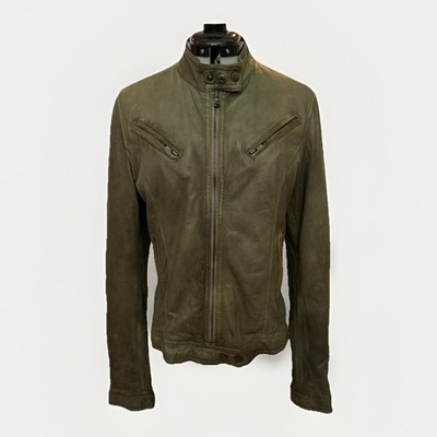 Vera Pelle Italy Genuine Leather Moto Jacket Womens IT 46 Olive Green Distressed