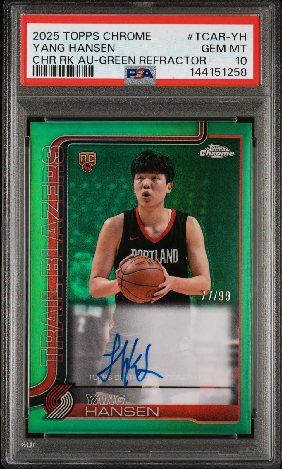 2025 TOPPS CHROME CHROME ROOKIE AUTO GREEN REFRACTOR YANG HANSEN RC /99 PSA 10