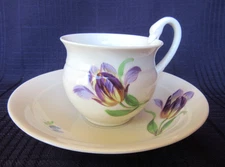 Gorgeous MEISSEN Crocus (?) Purple Flowers Swan Handled Cup and Saucer