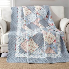 Twin Size Quilt Blue Cotton Floral Patchwork Quilted Throw Blanket Reversible