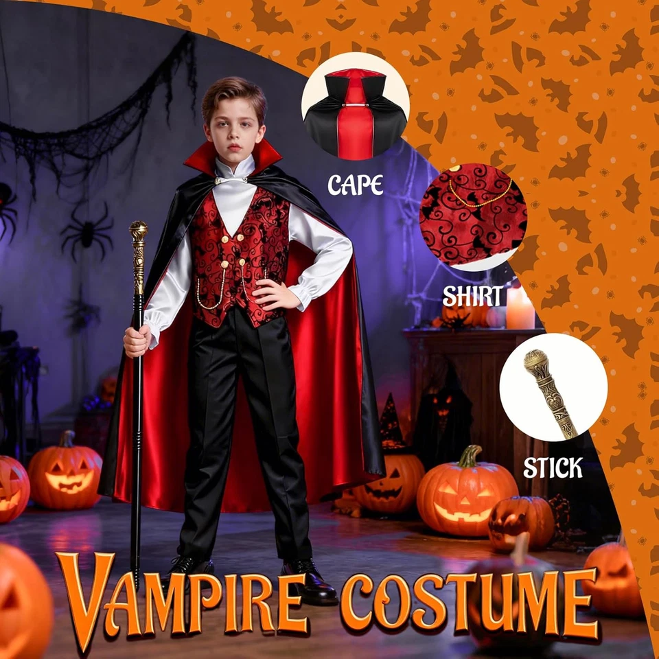 Boys Vampire Costume Set with Cape, Shirt, Pants & Cane Kids Dracula Outfit - Image 2 of 4