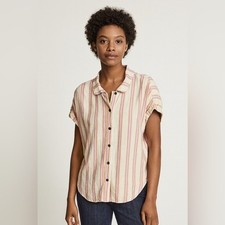 Marine Layer Dana Stripe Linen Blend Short Sleeve Button-Down Shirt Large
