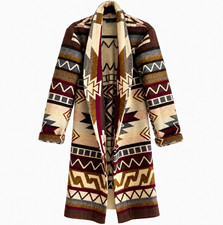 Womens Long Duster Coat Southwestern Geometric Belted Shawl Collar Sz M