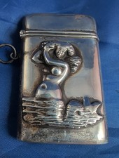 Vintage Sterling Silver Mermaid Match Vesta Matchstick Safe Case Holder Repousse