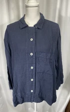 TOAST Linen Loop Neck  Oversized Button Down Shirt Sz XL  Navy Blue Lagenlook