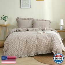 Silnuo Taupe/White Plaid Gingham Ruffle Duvet Cover Set Twin Size