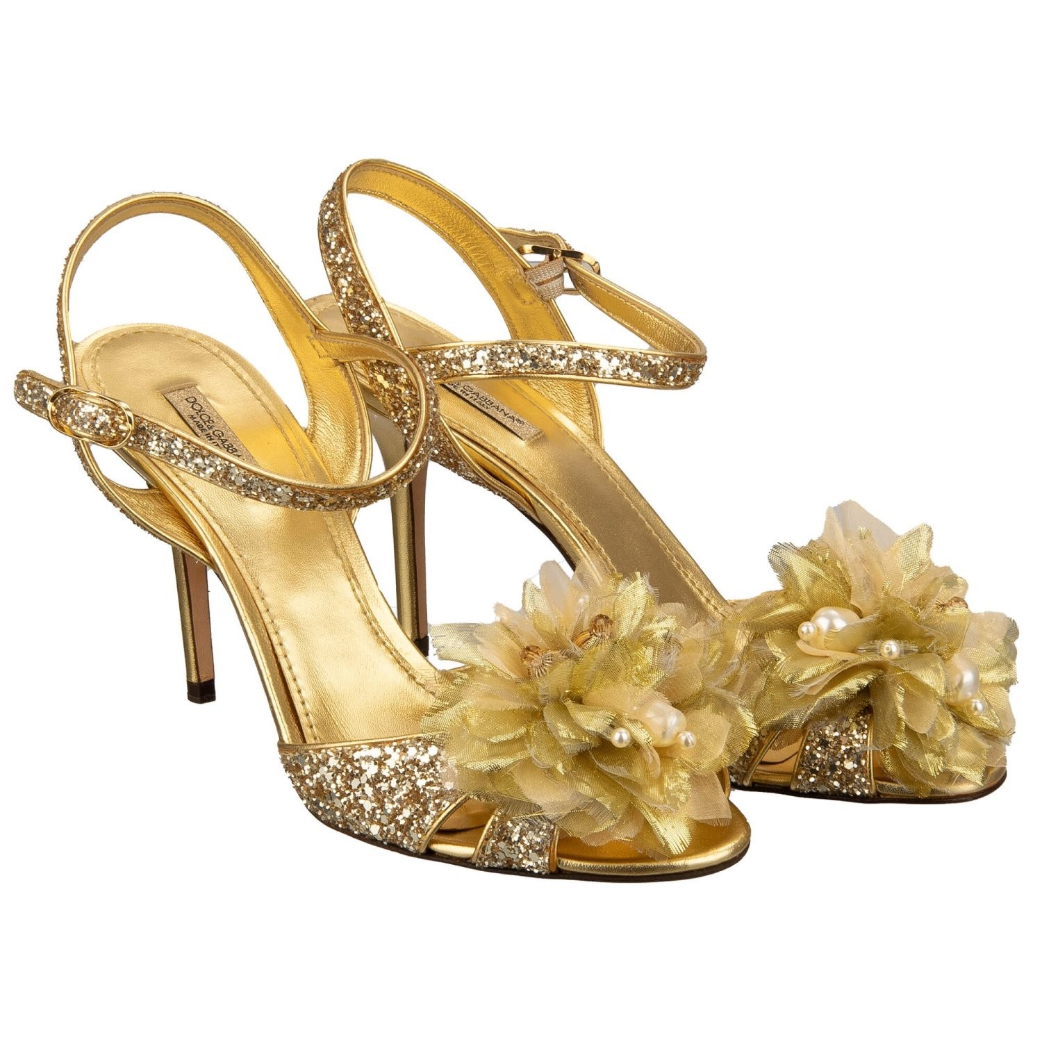 DOLCE & GABBANA Glitter Pearl Crystal Brooch Sandals Pumps BIANCA Gold 39.5 9.5