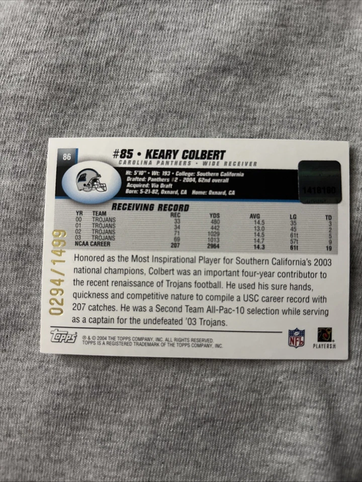 2004 Topps Kerry Colbert #86 /1499**AUTO**ROOKIE**NM**Panthers - Image 4 of 4
