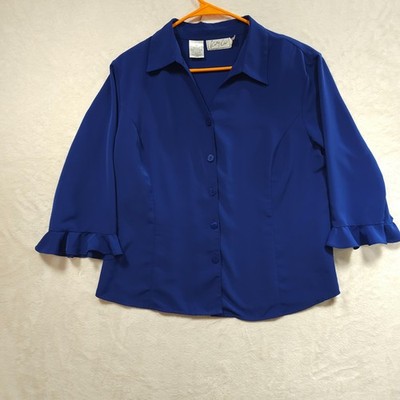 Kathy Che Women Blouse M Royal Blue 3/4 ruffled Sleeve Button Down Polyester