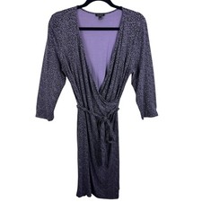 Talbots Purple Black 3/4 Sleeve Midi Belted Stretchy Faux Wrap Dress Size L