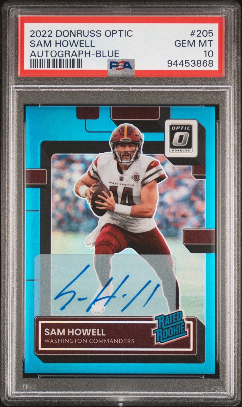 Sam Howell 2022 Panini Donruss Optic Blue RC On-Card Auto 61/99 PSA Gem Mint 10!