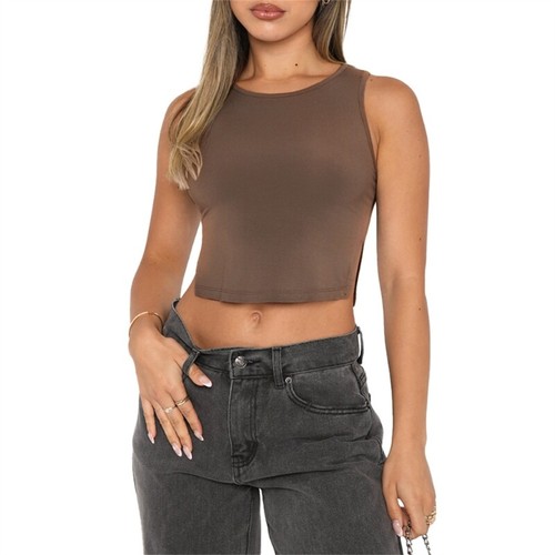 Women Solid Color Crop Top Sleeveless Side Split Hem Bodycon Racerback Vest - Picture 17 of 23