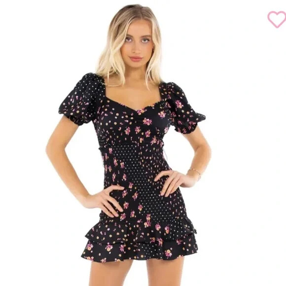 NWOT For love & Lemons black pink floral ruffle hem Camellia Mini Dress  Medium | eBay