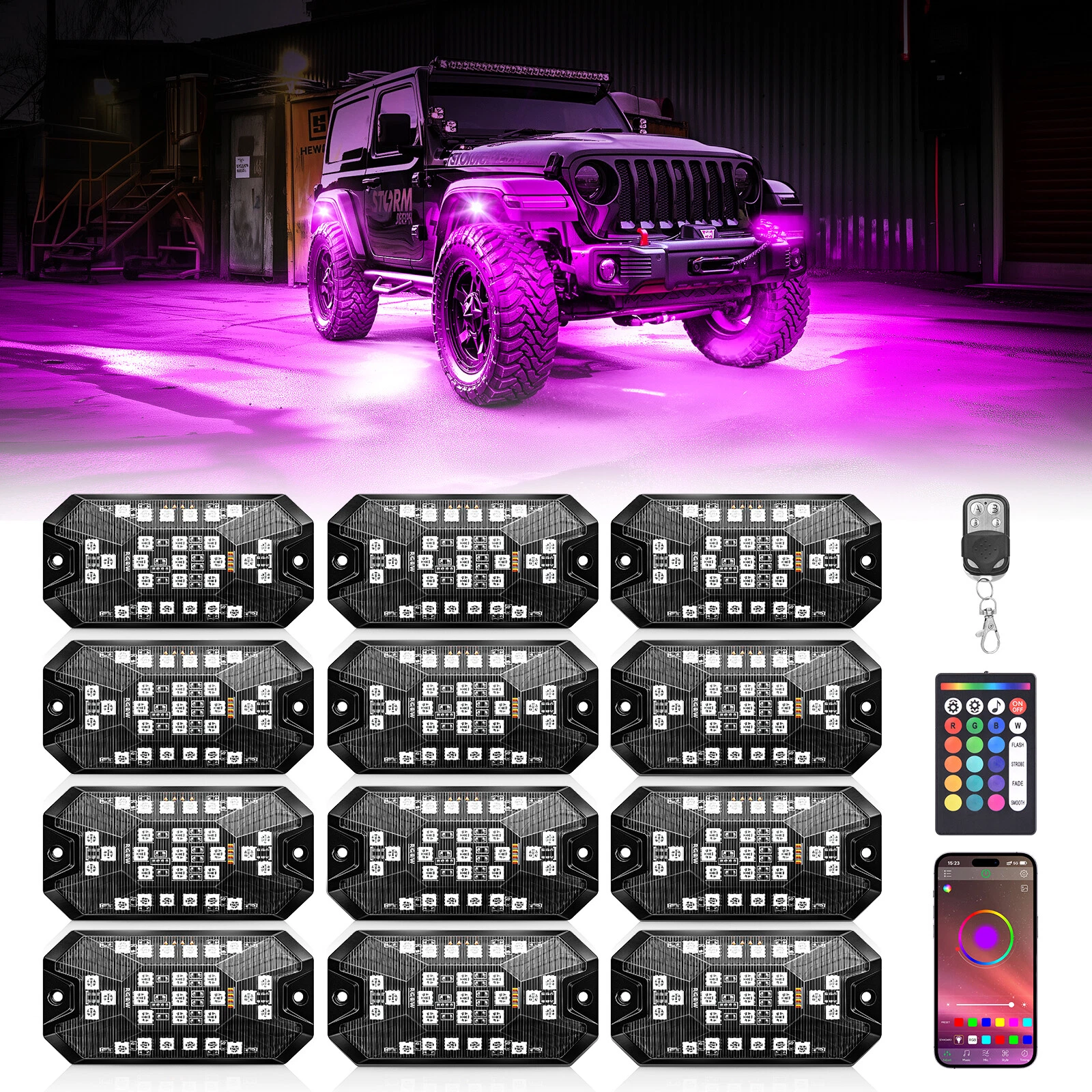 12 Pods Rock Lights LED RGBW Pods for Truck Jeep Underbody Offroading Remote APP