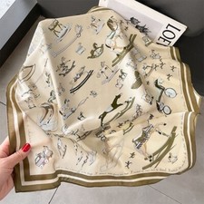 100 Silk 26" Square Scarf Women Neckerchief Bandana Beige Cute Toy Wooden Horse