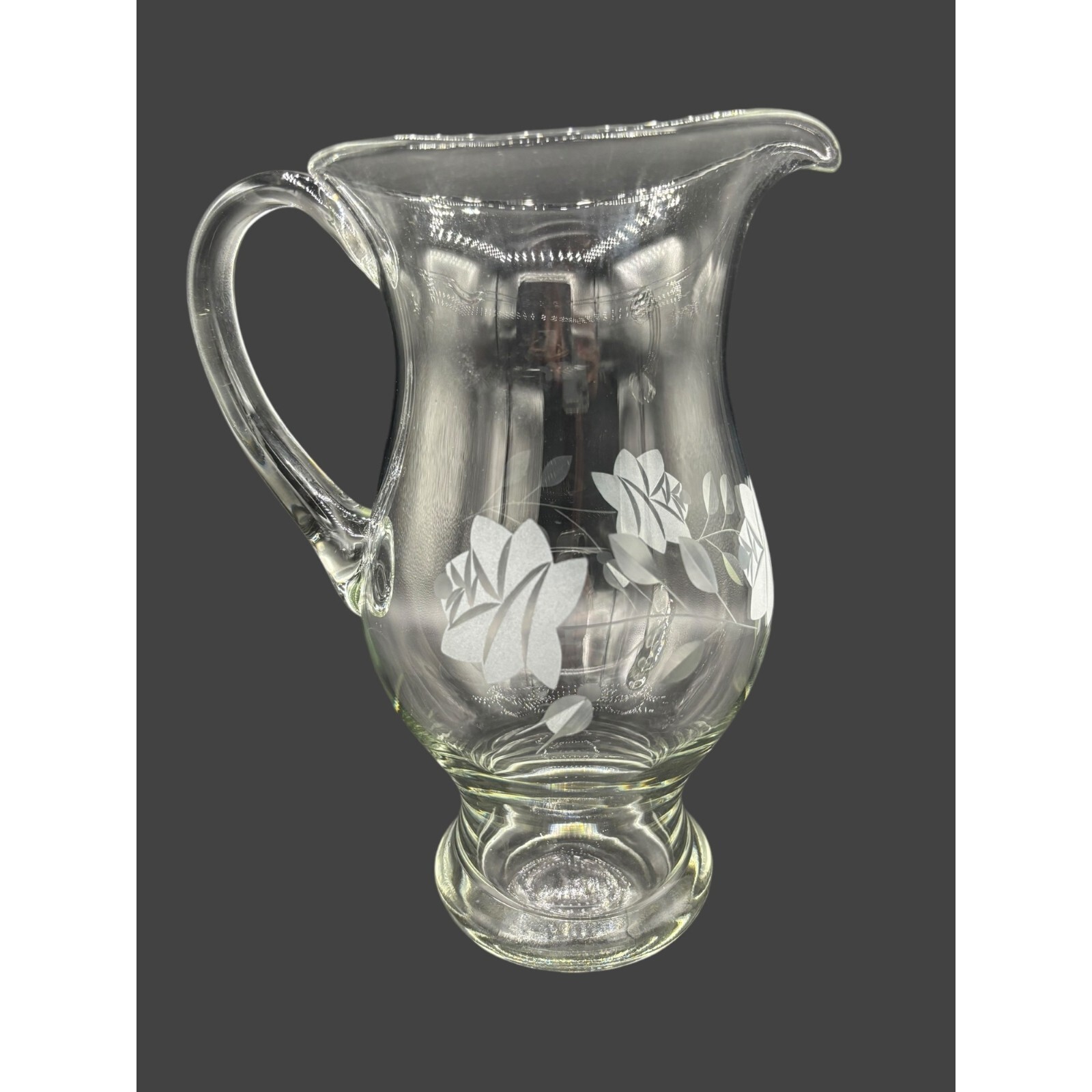 Vintage Large Etched Rose Blown Glass Pitcher Applied handle 10