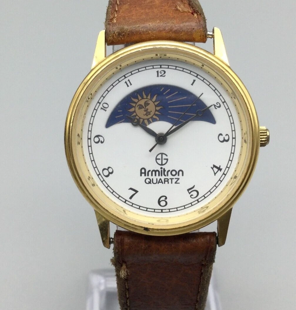 Vintage Armitron Watch Men 32mm Moon Phase Gold Tone Leather New Battery