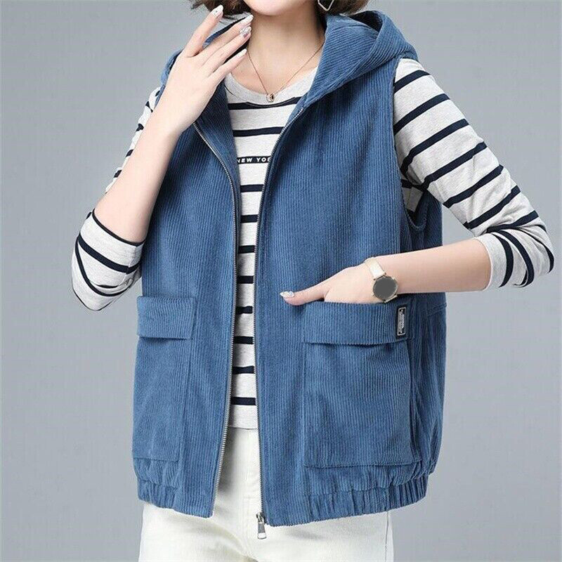 Lady Corduroy Vest Jacket Coat Hooded Waistcoat Gilet Pocket Plus Size Tops