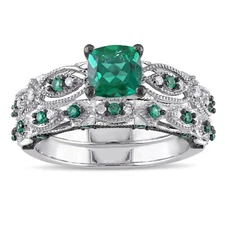Green Emerald With White & Black CZ 1.30 CT Women's Anniversary Bridal Ring Set