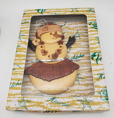 Hawaii Island Wood Collection Snow Aloha Snowman Grass Skirt Lei Hula Souvenir 