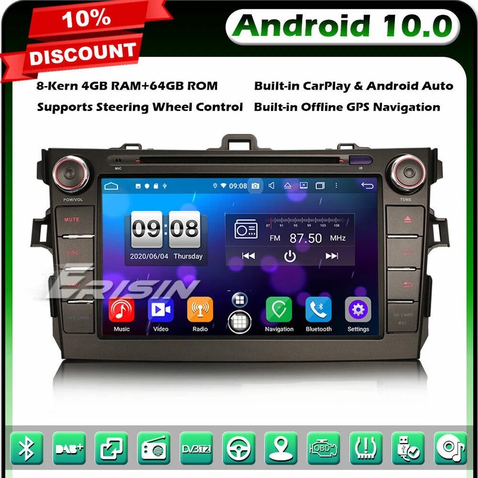 64GB DSP Android 10 GPS Autoradio TOYOTA COROLLA E140 E150 DAB+ CD 4G CarPlay BT - Photo 1/4