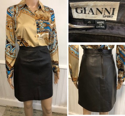 vtg Gianni Sport Leather Straight Skirt Sz 4 Lined Back Zip Deep Chocolate Brown