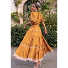 Ulla Johnson Claribel Ochre Yellow Gold Tiered Eyelet Accent Tassel Dress Sz. 6