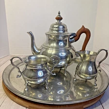 Williamsburg Kirk Stieff Pewter 4 Piece Teapot Creamer Sugar Tray Set Vintage