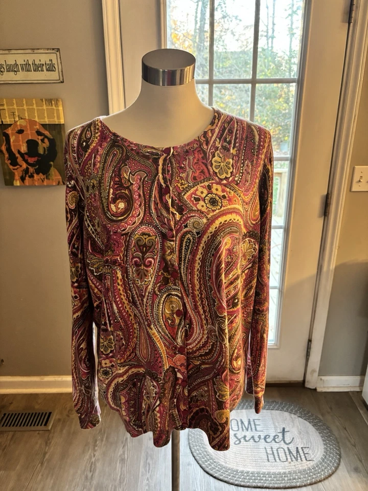 Talbots 漂亮的粉红色/白色多佩斯利轻便开衫 1X — 第 2/4 张图片