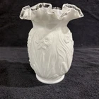Vtg. Fenton Silver Crest Ruffled White Milk Glass Vase W/ Floral Embossed Design