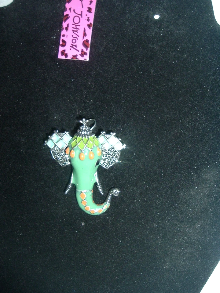 Broche prendedor Betsey Johnson plata verde esmalte multicolor elefante plata Foto 3 de 4