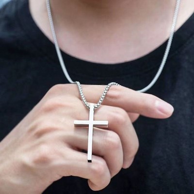 Turandoss Silver Stainless Steel Cross Necklace for Men Boys Birthday