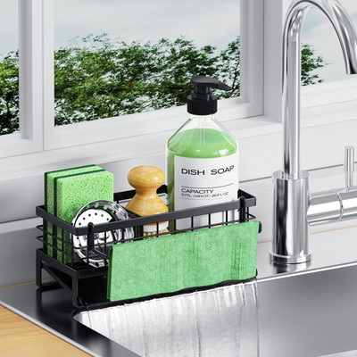 Self-Draining Kitchen Sink Caddy, Rustproof Non-Slip Metal Sponge Holder with De